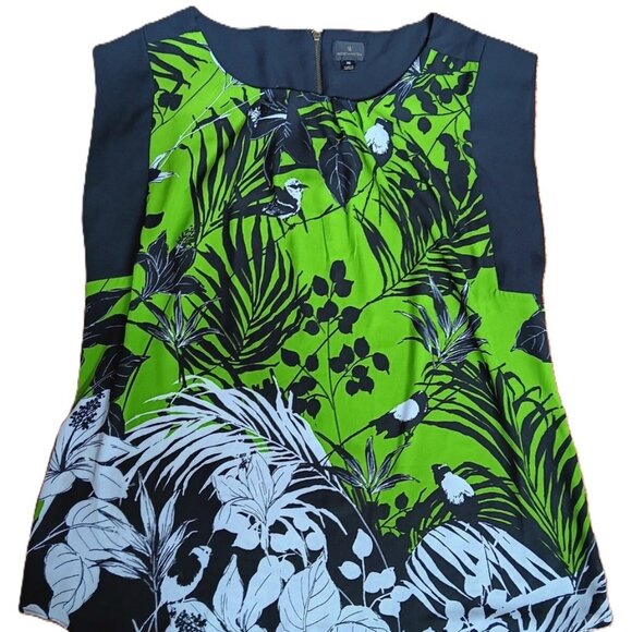 Worthington Green Black White Floral Birds Leaves Blouse Top Tropical Zip sz XL - Picture 2 of 13